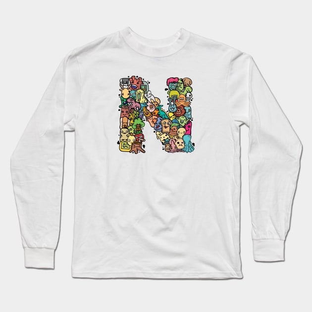 Alphabet Monster Doodle Letter N Monogram Long Sleeve T-Shirt by Irene Koh Studio